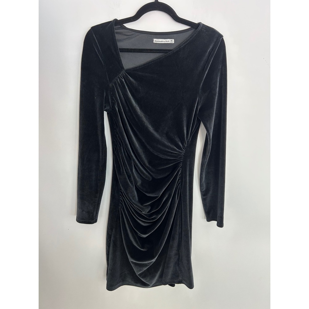 Abercrombie & Fitch Black Velvet Asymmetrical Ruched Mini Dress Long Sleeve MT